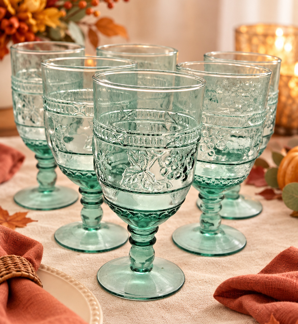 Mikasa Garden Harvest Green Water Goblets Set of 6 Vintage Aqua Fruit Glass